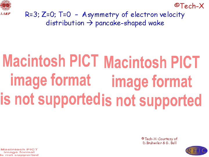 ©Tech-X R=3; Z=0; T=0 – Asymmetry of electron velocity distribution pancake-shaped wake ©Tech-X: Courtesy