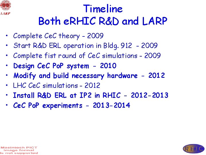 Timeline Both e. RHIC R&D and LARP • • Complete Ce. C theory -