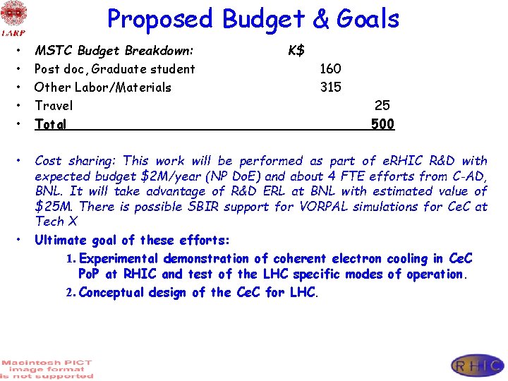 Proposed Budget & Goals • • • MSTC Budget Breakdown: Post doc, Graduate student