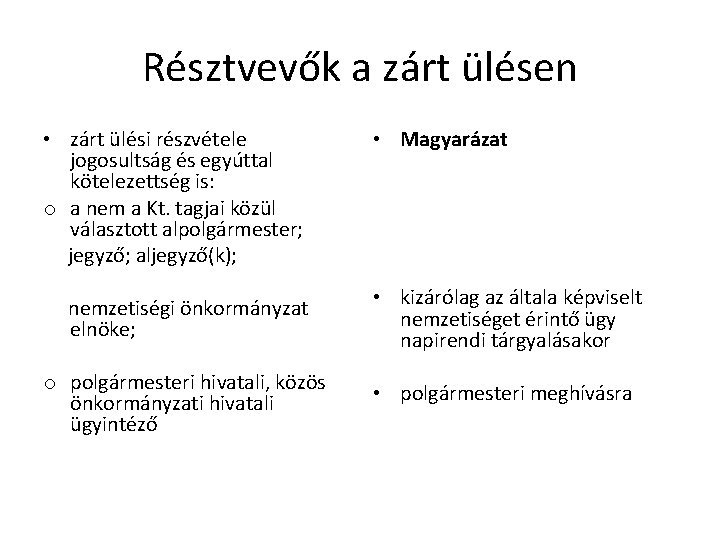 Résztvevők a zárt ülésen • zárt ülési részvétele jogosultság és egyúttal kötelezettség is: o