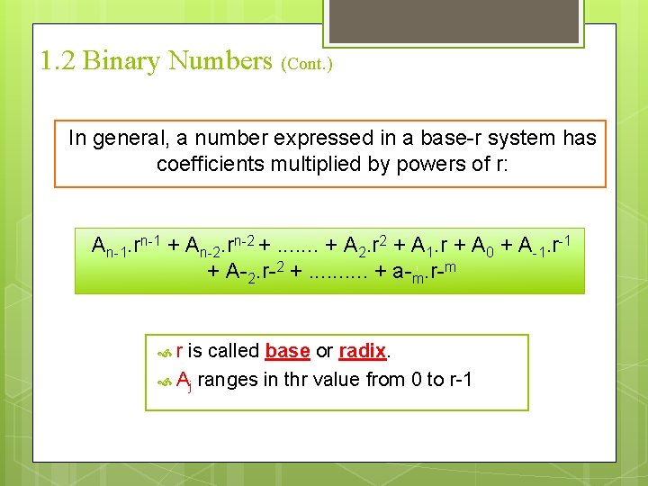 1. 2 Binary Numbers (Cont. ) In general, a number expressed in a base-r