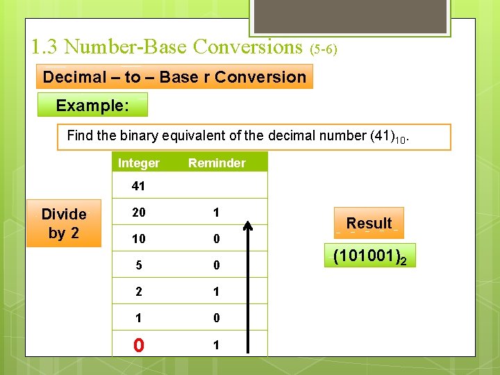1. 3 Number-Base Conversions (5 -6) Decimal – to – Base r Conversion Example: