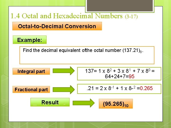 1. 4 Octal and Hexadecimal Numbers (3 -17) Octal-to-Decimal Conversion Example: Find the decimal