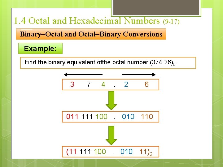 1. 4 Octal and Hexadecimal Numbers (9 -17) Binary–Octal and Octal–Binary Conversions Example: Find