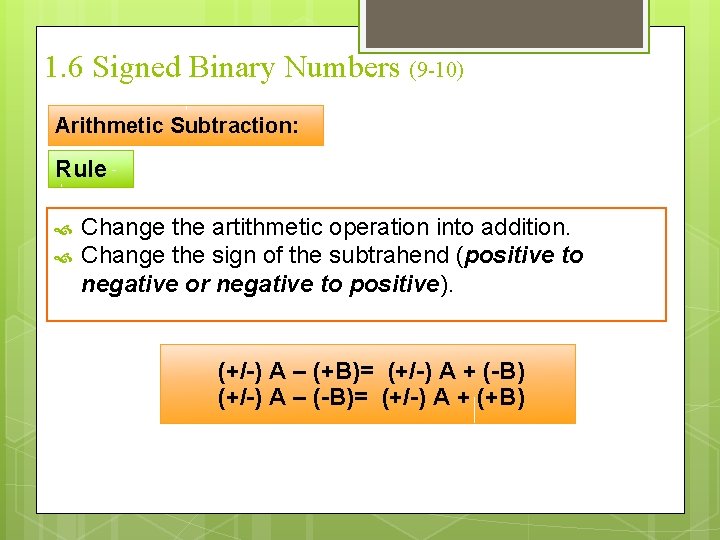 1. 6 Signed Binary Numbers (9 -10) Arithmetic Subtraction: Rule Change the artithmetic operation