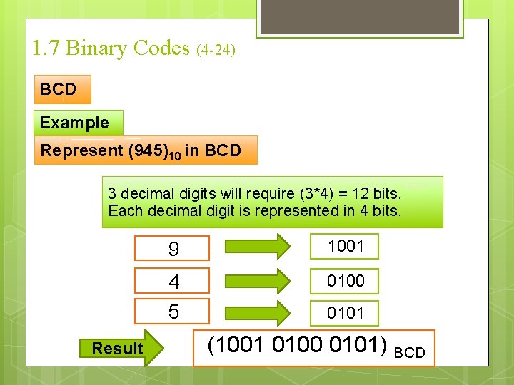 1. 7 Binary Codes (4 -24) BCD Example Represent (945)10 in BCD 3 decimal