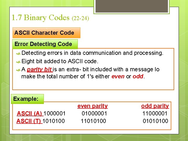 1. 7 Binary Codes (22 -24) ASCII Character Code Error Detecting Code Detecting errors