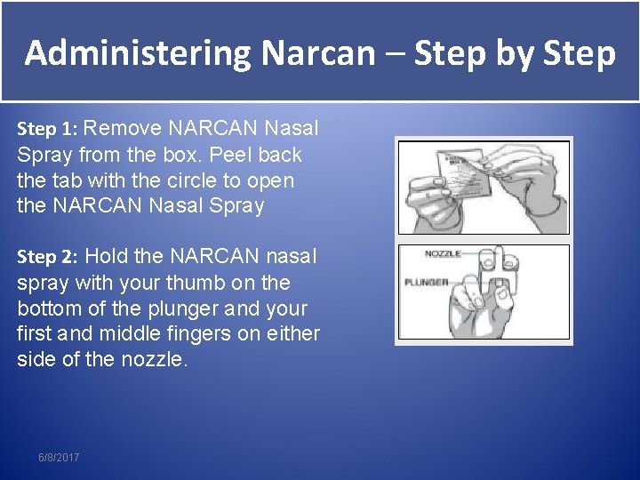 Administering Narcan – Step by Step 1: Remove NARCAN Nasal Spray from the box.