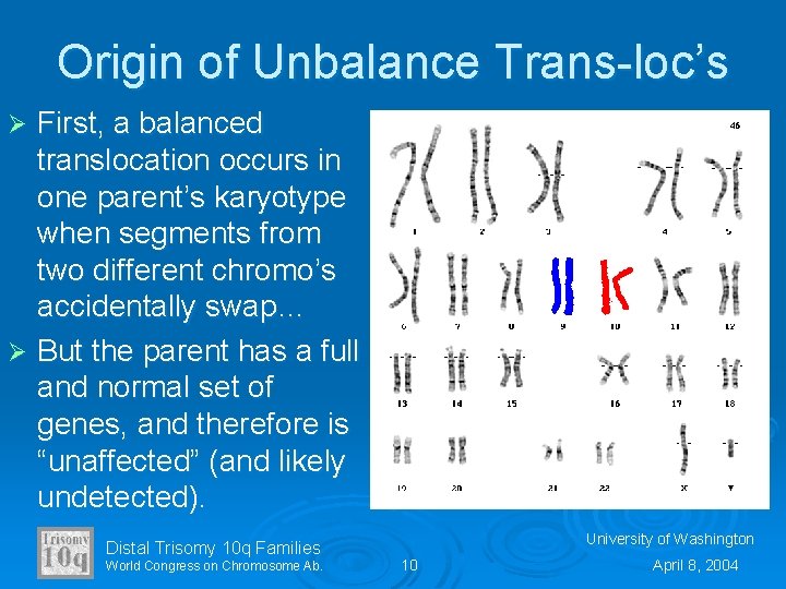 Origin of Unbalance Trans-loc’s First, a balanced translocation occurs in one parent’s karyotype when