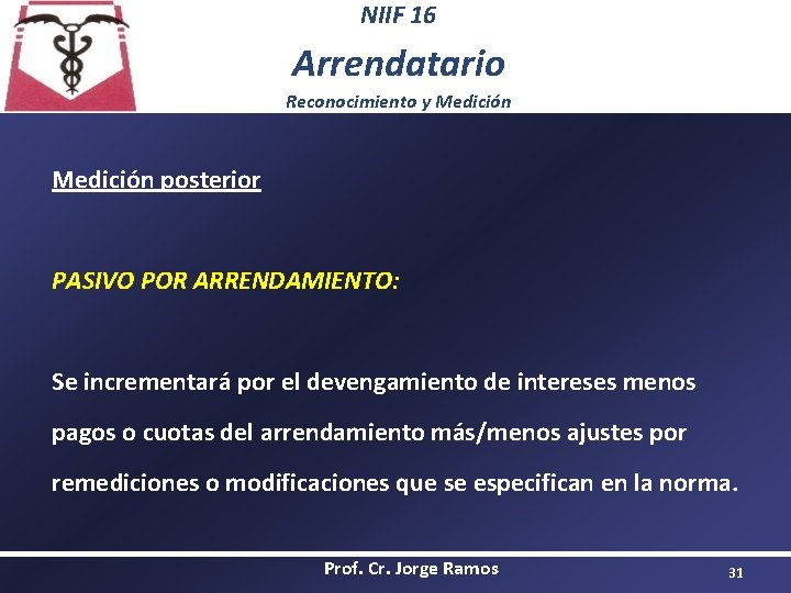 NIIF 16 Arrendatario Reconocimiento y Medición posterior PASIVO POR ARRENDAMIENTO: Se incrementará por el