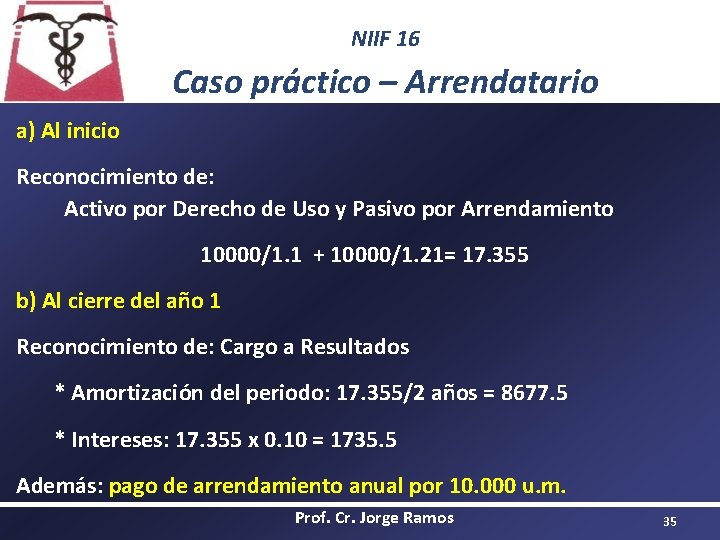 NIIF 16 Caso práctico – Arrendatario a) Al inicio Reconocimiento de: Activo por Derecho NIIF 16 Caso práctico – Arrendatario a) Al inicio Reconocimiento de: Activo por Derecho