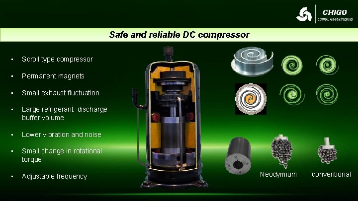 Safe and reliable DC compressor • Scroll type compressor • Permanent magnets • Small