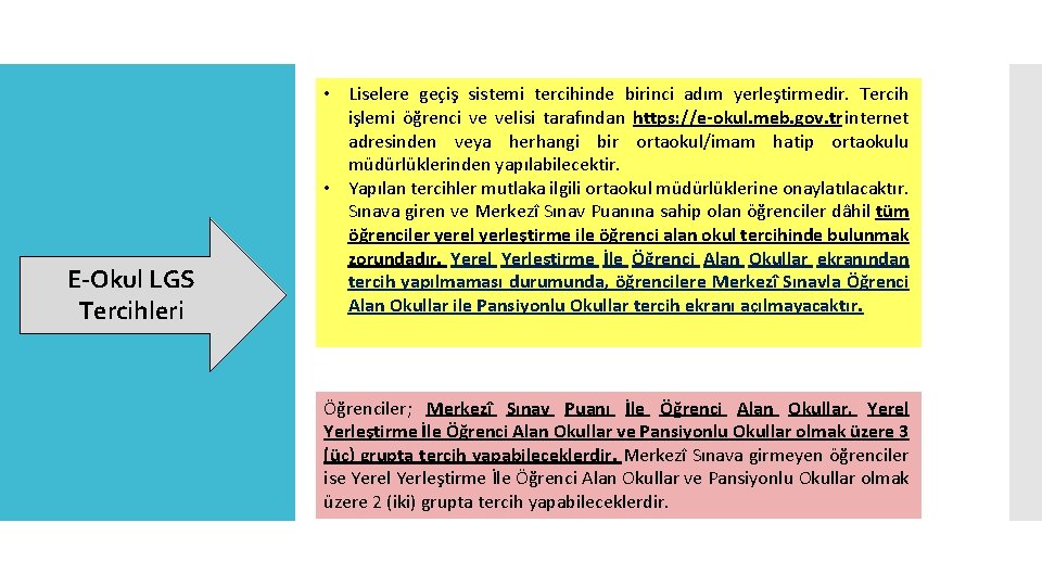 E-Okul LGS Tercihleri • Liselere geçiş sistemi tercihinde birinci adım yerleştirmedir. Tercih işlemi öğrenci