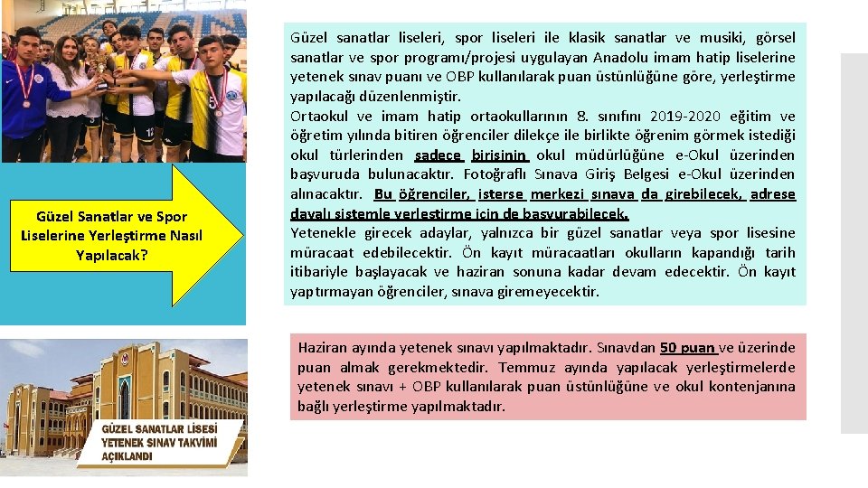 Güzel Sanatlar ve Spor Liselerine Yerleştirme Nasıl Yapılacak? Güzel sanatlar liseleri, spor liseleri ile