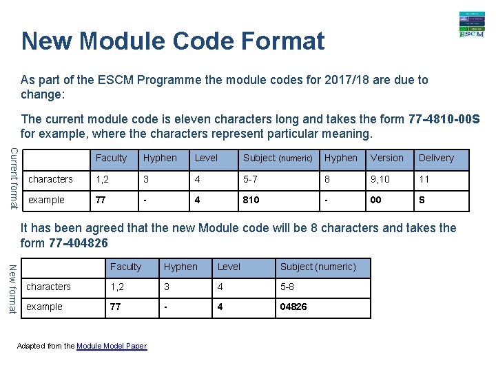 New Module Code Format As part of the ESCM Programme the module codes for