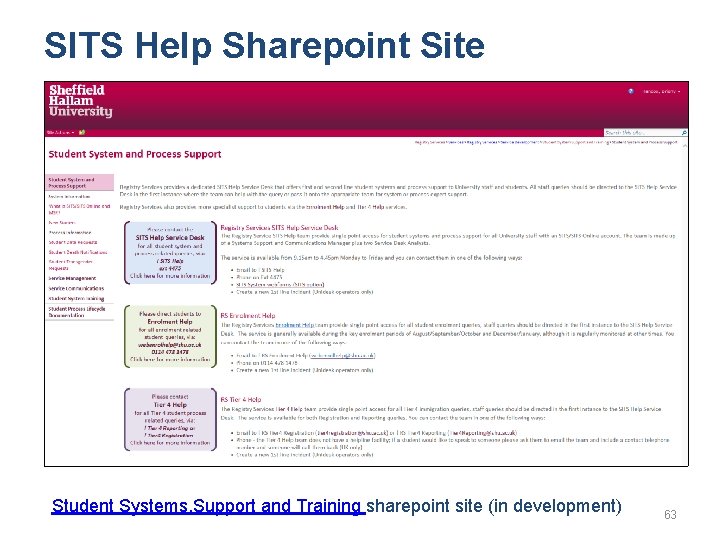 SITS Help Sharepoint Site Student Systems, Support and Training sharepoint site (in development) 63