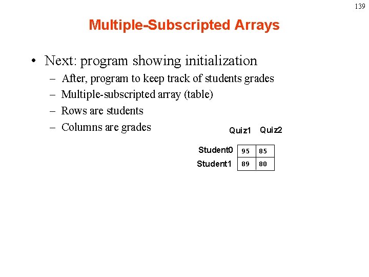 139 Multiple-Subscripted Arrays • Next: program showing initialization – – After, program to keep