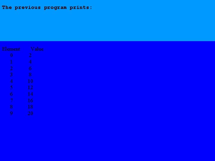 The previous program prints: Element Value 0 2 1 4 2 6 3 8