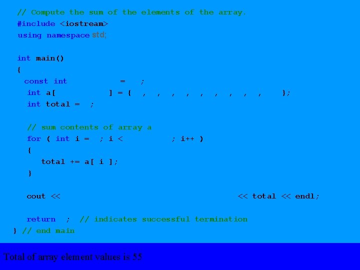 // Compute the sum of the elements of the array. #include <iostream> using namespace