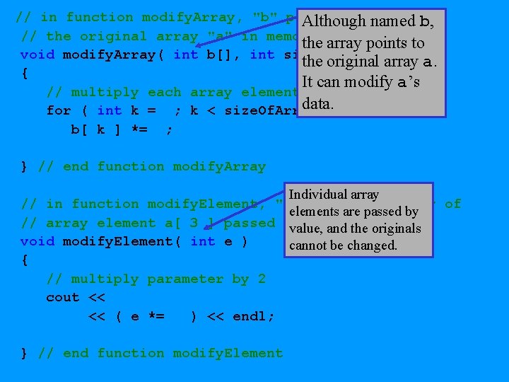 // in function modify. Array, "b" points to Although named b, // the original
