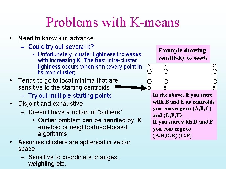 Problems with K-means • Need to know k in advance – Could try out