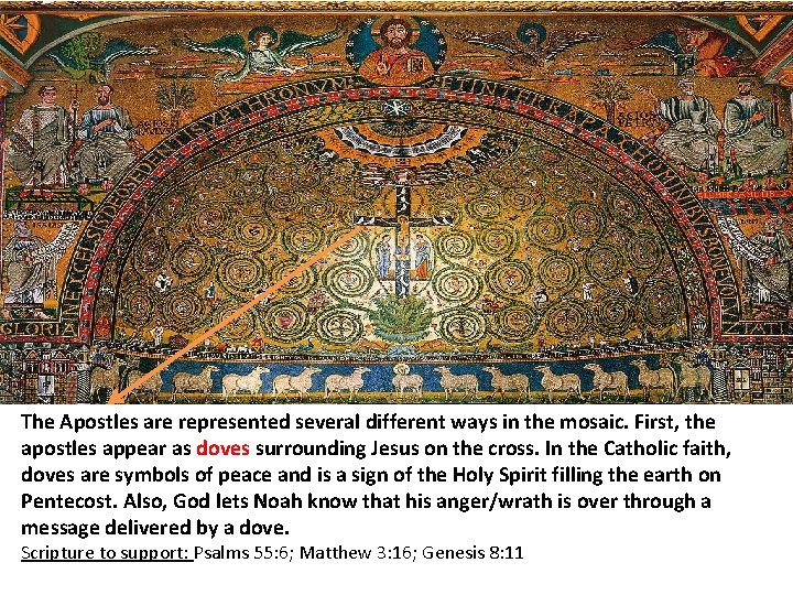 The Apostles are represented several different ways in the mosaic. First, the apostles appear