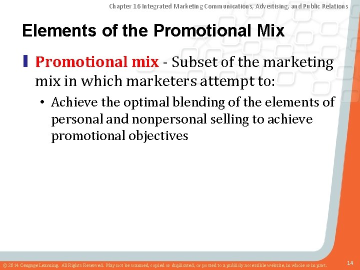 Chapter 16 Integrated Marketing Communications, Advertising, and Public Relations Elements of the Promotional Mix