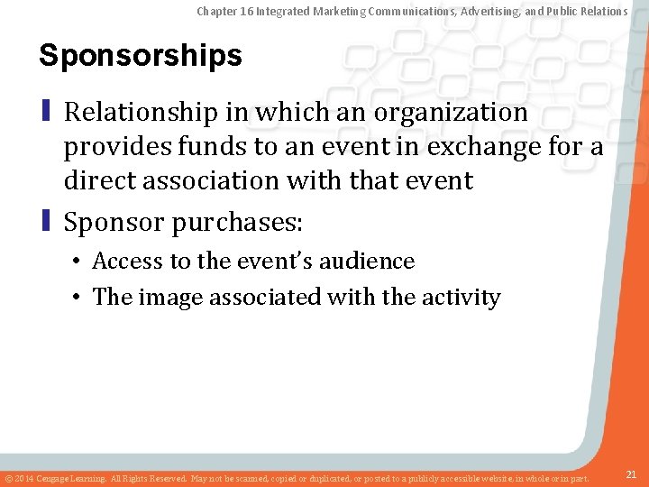 Chapter 16 Integrated Marketing Communications, Advertising, and Public Relations Sponsorships ▮ Relationship in which