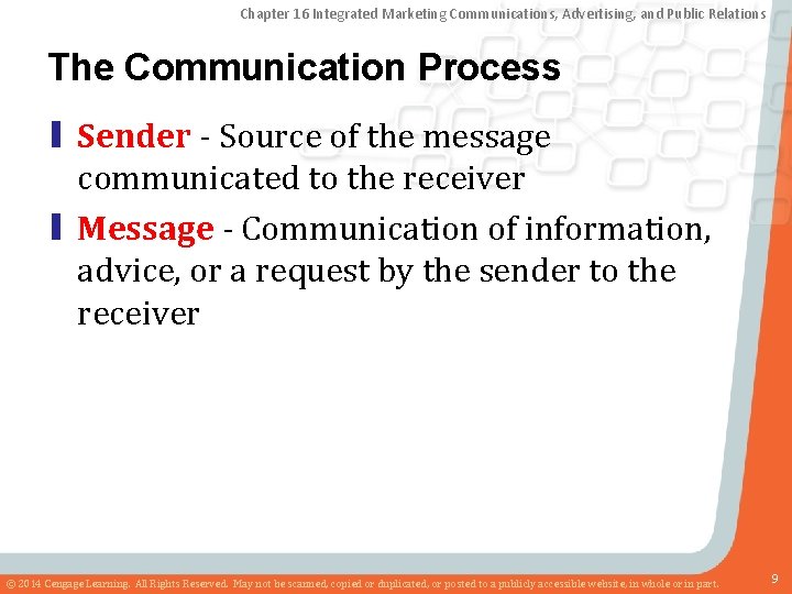 Chapter 16 Integrated Marketing Communications, Advertising, and Public Relations The Communication Process ▮ Sender
