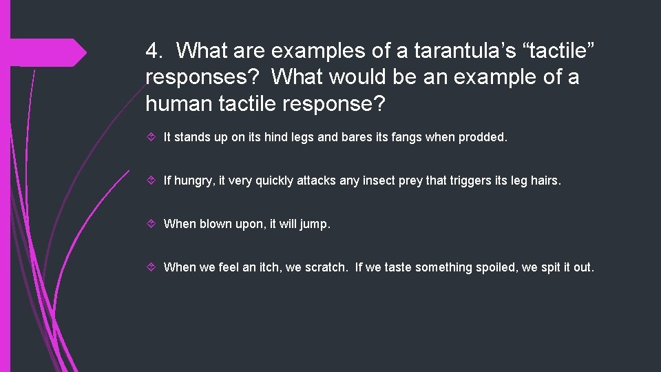 4. What are examples of a tarantula’s “tactile” responses? What would be an example