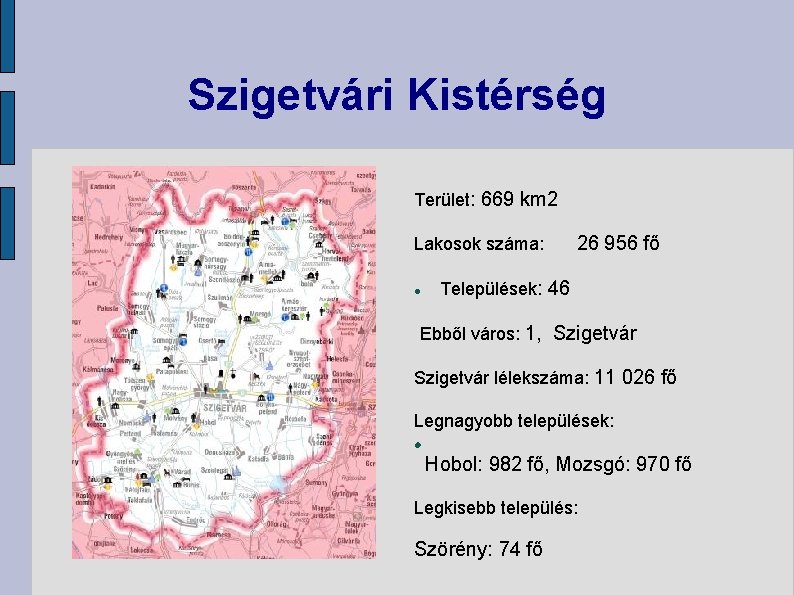 Szigetvári Kistérség Terület: 669 km 2 Lakosok száma: 26 956 fő Települések: 46 Ebből