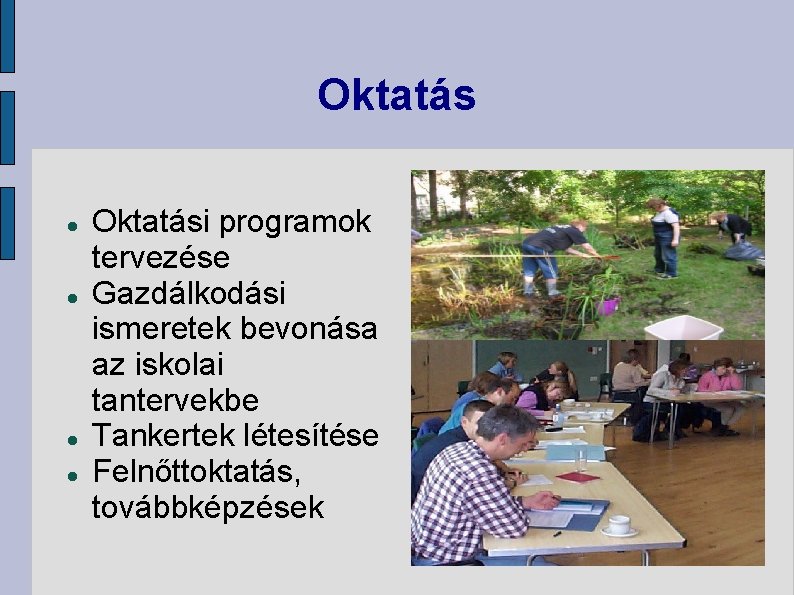 Oktatás Oktatási programok tervezése Gazdálkodási ismeretek bevonása az iskolai tantervekbe Tankertek létesítése Felnőttoktatás, továbbképzések