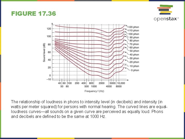 FIGURE 17. 36 The relationship of loudness in phons to intensity level (in decibels)