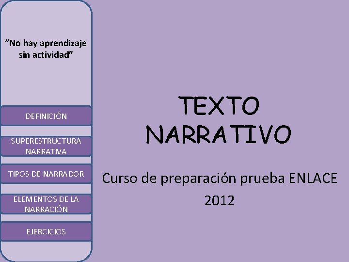 “No hay aprendizaje sin actividad” DEFINICIÓN SUPERESTRUCTURA NARRATIVA TIPOS DE NARRADOR ELEMENTOS DE LA