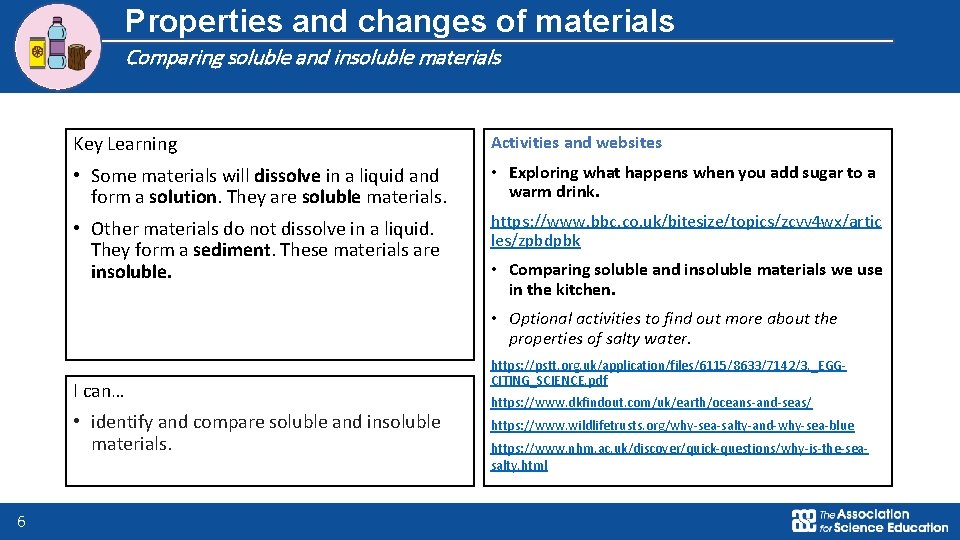 Properties and changes of materials Comparing soluble and insoluble materials Key Learning Activities and