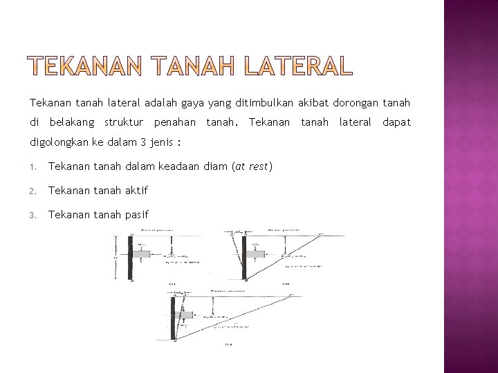 Tekanan tanah lateral adalah gaya yang ditimbulkan akibat dorongan tanah di belakang struktur penahan