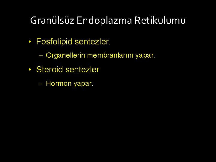 Granülsüz Endoplazma Retikulumu • Fosfolipid sentezler. – Organellerin membranlarını yapar. • Steroid sentezler –