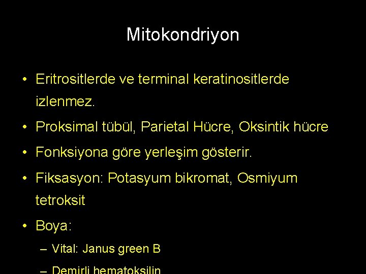 Mitokondriyon • Eritrositlerde ve terminal keratinositlerde izlenmez. • Proksimal tübül, Parietal Hücre, Oksintik hücre