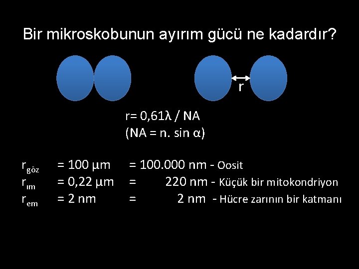 Bir mikroskobunun ayırım gücü ne kadardır? r r= 0, 61λ / NA (NA =