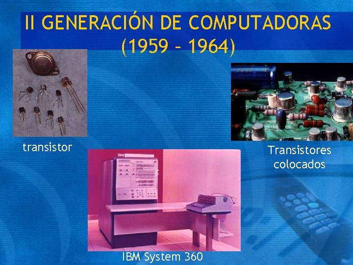 II GENERACIÓN DE COMPUTADORAS (1959 – 1964) transistor Transistores colocados IBM System 360 