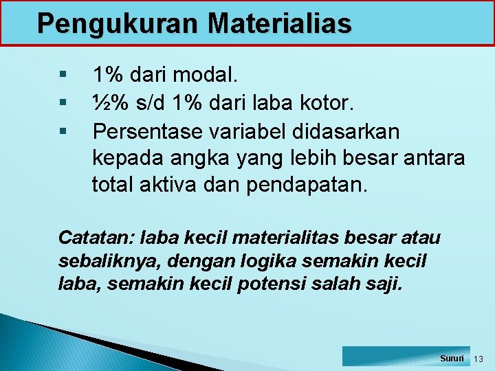 Pengukuran Materialias § § § 1% dari modal. ½% s/d 1% dari laba kotor.