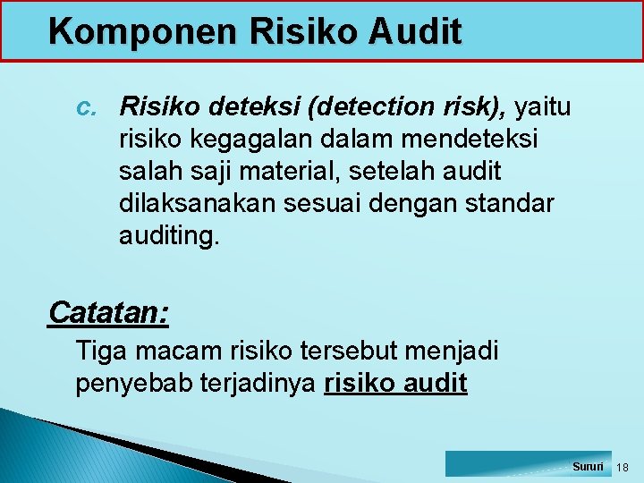 Komponen Risiko Audit c. Risiko deteksi (detection risk), yaitu risiko kegagalan dalam mendeteksi salah