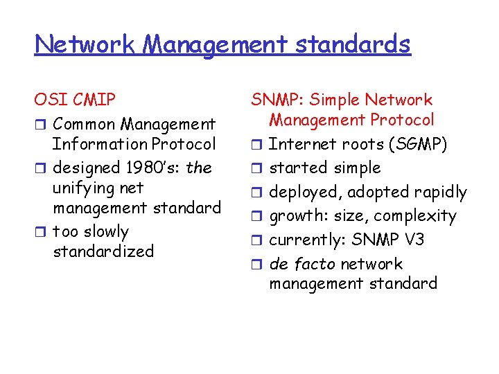 Network Management standards OSI CMIP r Common Management Information Protocol r designed 1980’s: the Network Management standards OSI CMIP r Common Management Information Protocol r designed 1980’s: the