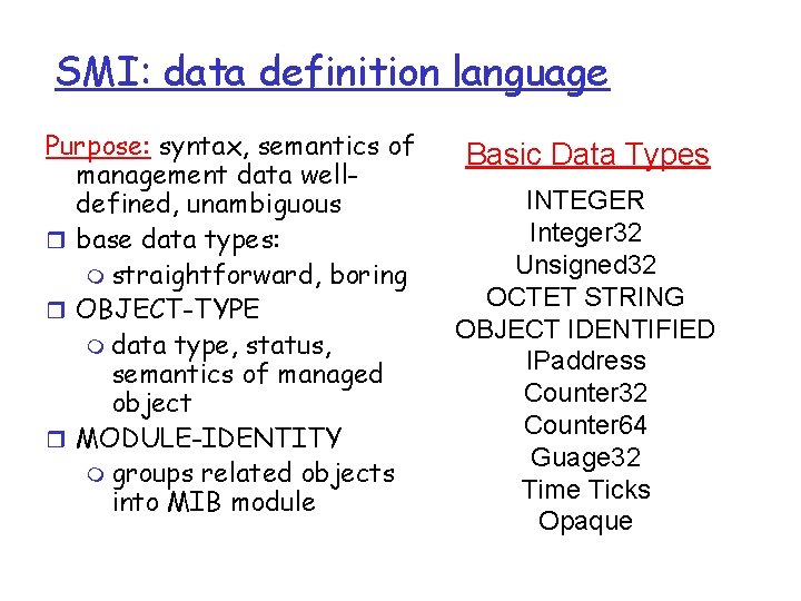 SMI: data definition language Purpose: syntax, semantics of management data welldefined, unambiguous r base SMI: data definition language Purpose: syntax, semantics of management data welldefined, unambiguous r base