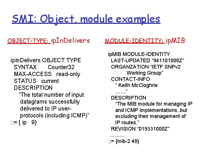 SMI: Object, module examples OBJECT-TYPE: ip. In. Delivers OBJECT TYPE SYNTAX Counter 32 MAX-ACCESS SMI: Object, module examples OBJECT-TYPE: ip. In. Delivers OBJECT TYPE SYNTAX Counter 32 MAX-ACCESS