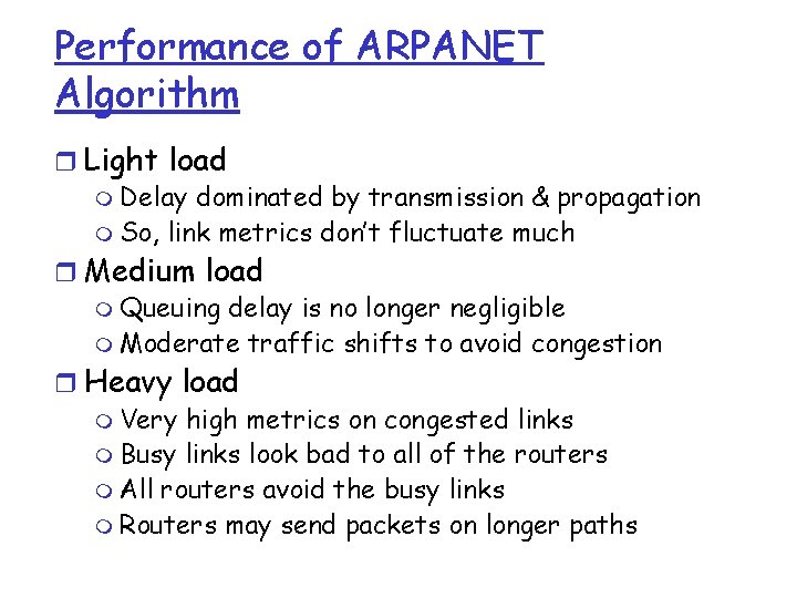 Performance of ARPANET Algorithm r Light load m Delay dominated by transmission & propagation Performance of ARPANET Algorithm r Light load m Delay dominated by transmission & propagation