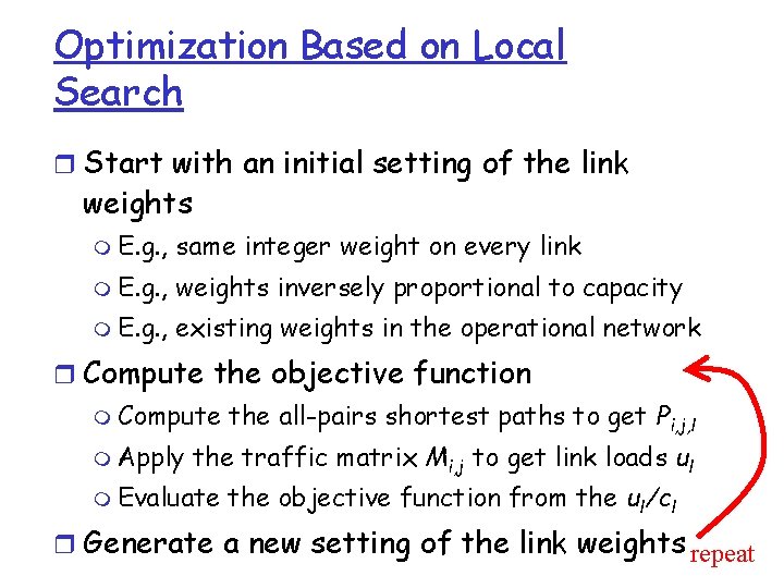 Optimization Based on Local Search r Start with an initial setting of the link Optimization Based on Local Search r Start with an initial setting of the link