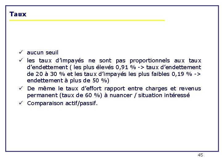 Taux ü aucun seuil ü les taux d’impayés ne sont pas proportionnels aux taux