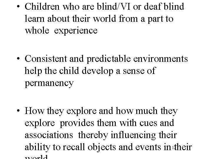  • Children who are blind/VI or deaf blind learn about their world from