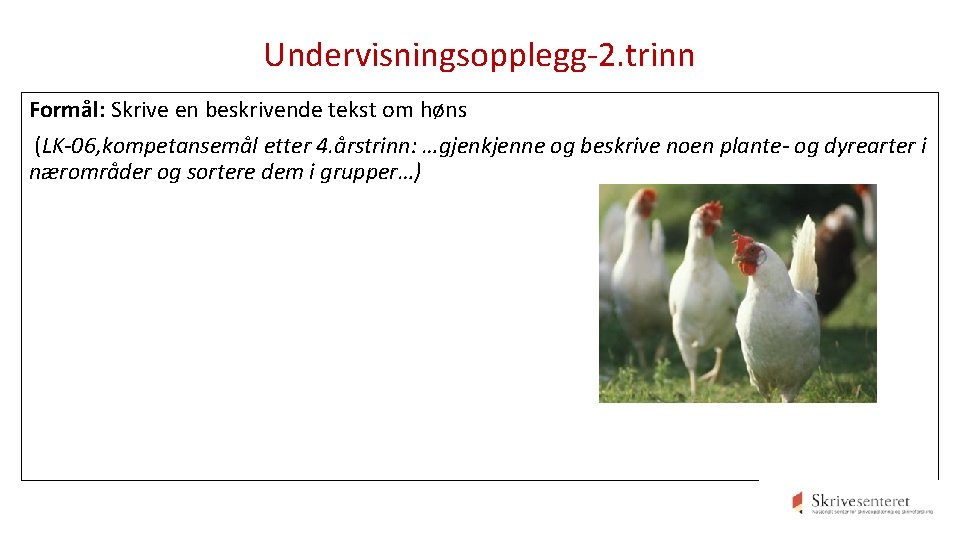 Undervisningsopplegg-2. trinn Formål: Skrive en beskrivende tekst om høns (LK-06, kompetansemål etter 4. årstrinn: Undervisningsopplegg-2. trinn Formål: Skrive en beskrivende tekst om høns (LK-06, kompetansemål etter 4. årstrinn: